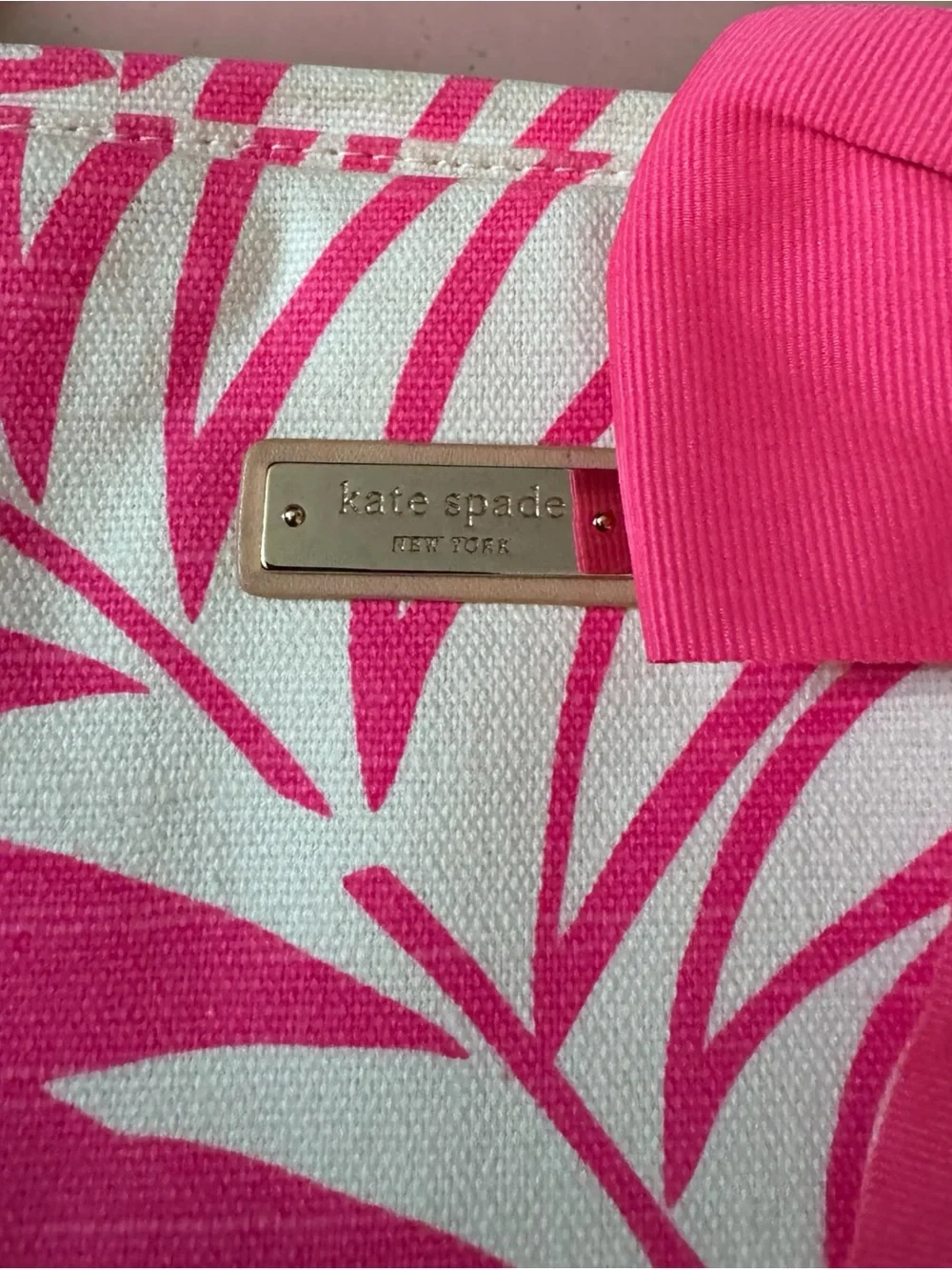 Authentic Kate Spade Pink Tropical Palm Leaf Tote Bag with Chain Straps and Bow